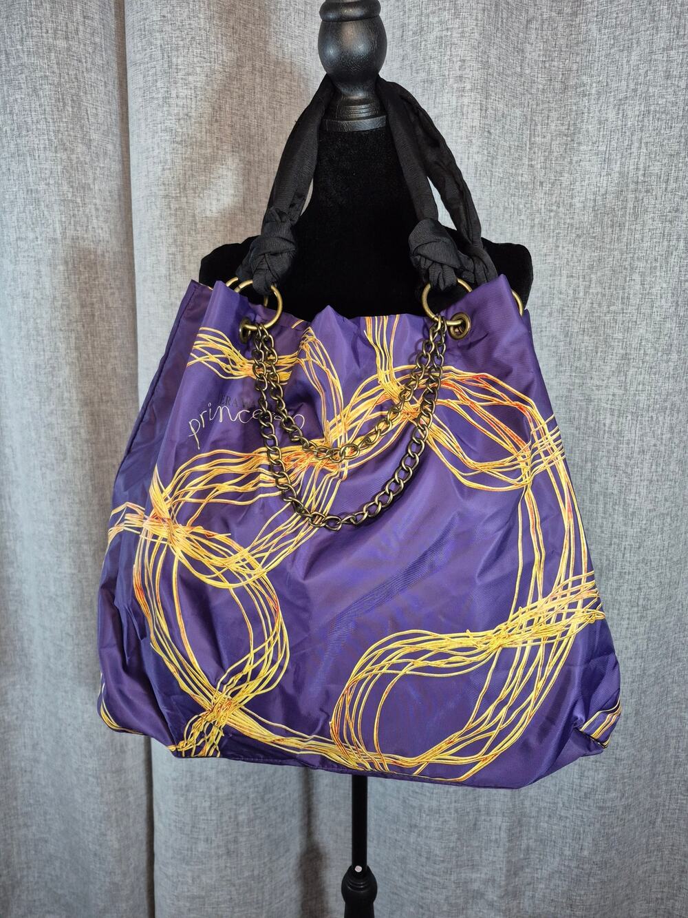 Vera Wang Princess Purple Nylon Tote Bag Chain Knotted Handles Shoulder Bag